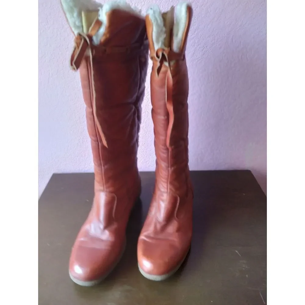 Siberian‎ Leather Boots Knee High Pull On Winter Lined Brown Size?